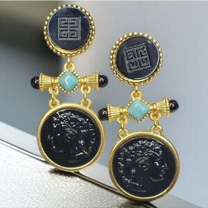Gold Byzantine Onyx Glass Intaglio Coin Turquoise Cabochon Dangle Earrings